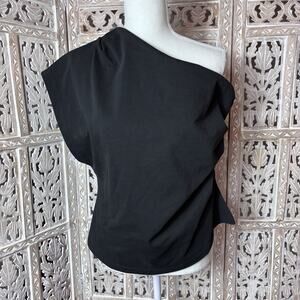 BR Asymmetric One Shoulder Top SZ Large Black Cropped Ruched Stretchy Going Out